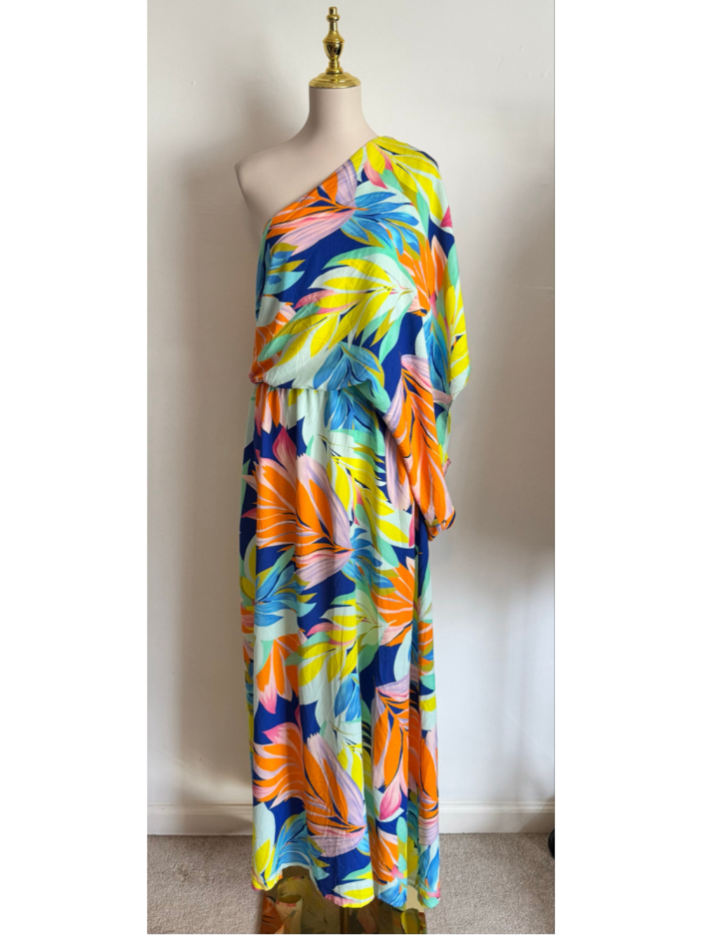 Women's Jess Lea One Shoulder Tropical Print Maxi Dress XL Blue Yellow
